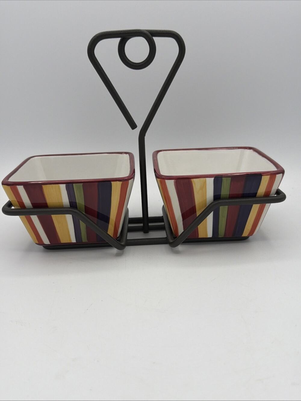 Pampered Chef Simple Additions Striped Square Condiment Bowls & Metal Caddy 1944
